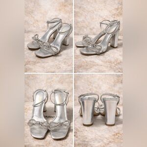 AMOJI Silver Rhinestone Bow Heels – Women’s Size 37 (US 6–6.5) Dress Sandals